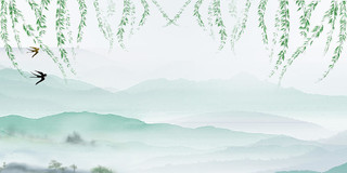 绿色卡通清明清明节踏青春季绿色柳叶山水展板背景